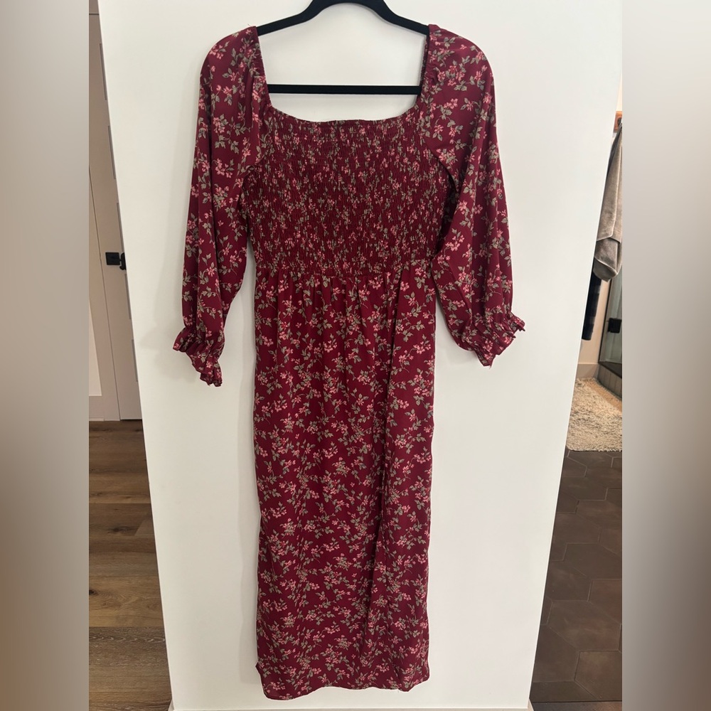 Smocked Burgundy Floral Dress